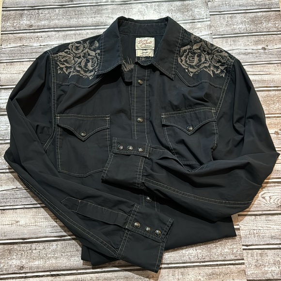 Lucky Brand Embroidered Black Tan Cotton Snap Long Sleeve Shirt Large - Picture 2 of 10